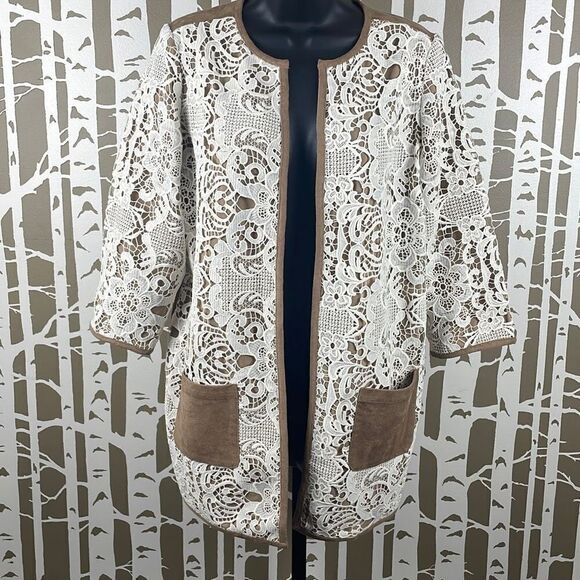 Chico’s NEW Lace Faux Suede 3/4 Sleeve Duster Jacket sz 0 - Picture 1 of 9